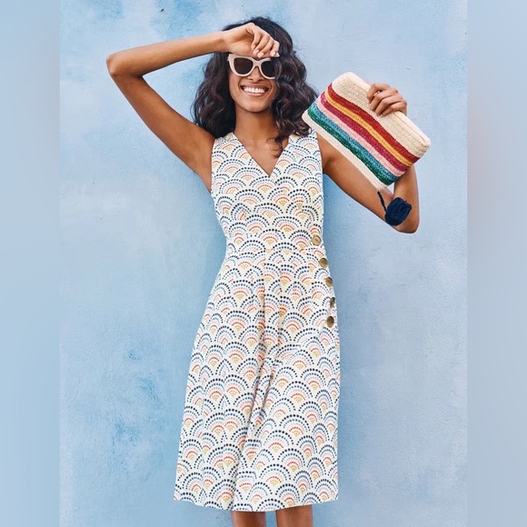 Boden Dresses & Skirts - New! Boden Arwen Sleeveless Wrap Midi Dress Button Side Cream Red Black Size 8L